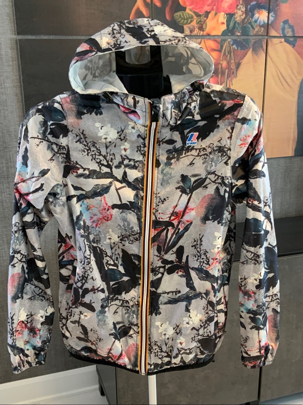K-Way Floral Hooded Rain vest in Gray with Pink & Black Accents XS